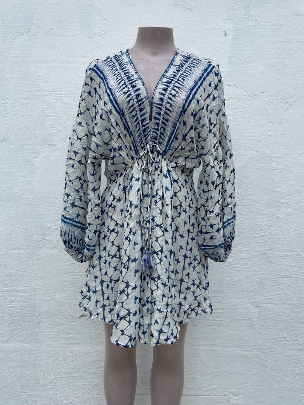Zara Navy & Cream Printed Tie-Waist Mini Dress